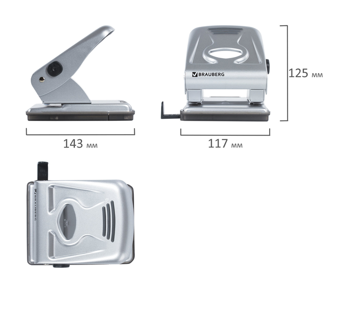 Дырокол Brauberg «Metallic» на 40л, серебристый, с линейкой