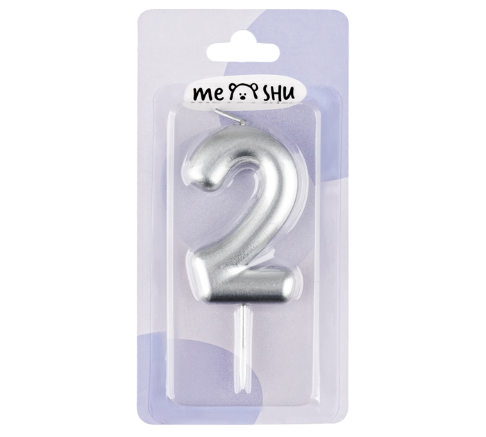 Свеча Meshu цифра 2, с держателем, серебряная, 6см