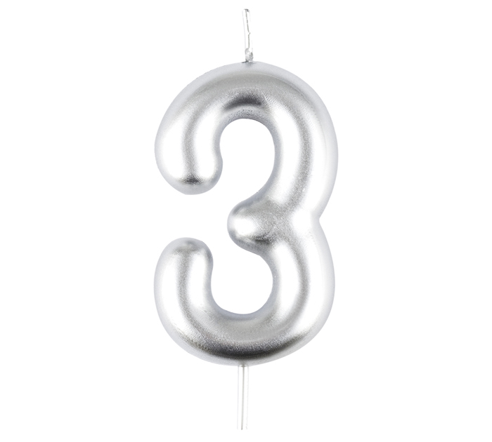 Свеча Meshu цифра 3, с держателем, серебряная, 6см