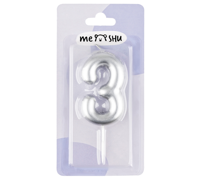 Свеча Meshu цифра 3, с держателем, серебряная, 6см