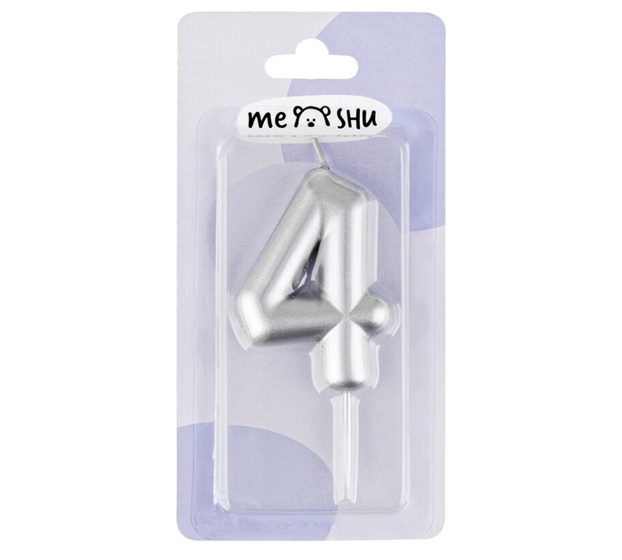 Свеча Meshu цифра 4, с держателем, серебряная, 6см