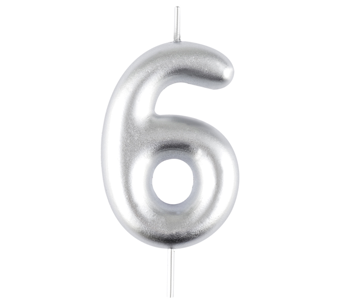 Свеча Meshu цифра 6, с держателем, серебряная, 6см