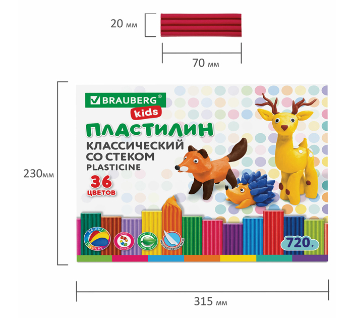 Пластилин Brauberg Kids 36 цветов, со стеком, 720г