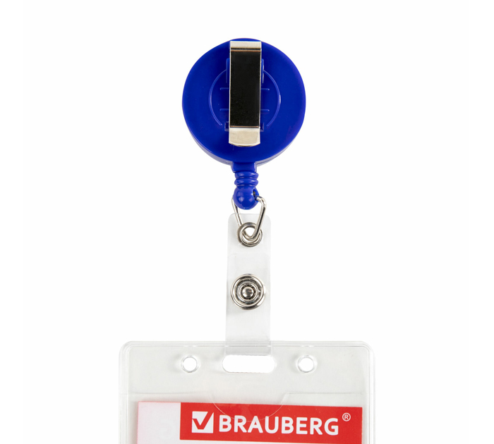 Бейдж Brauberg 90х60мм, вертикальный, синий, с держателем-рулеткой 70см