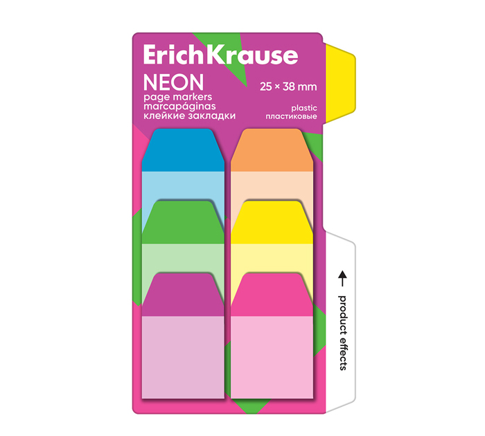 Закладки клейкие Erich Krause «Neon» пластиковые, 25х38мм, 6 цветов, 60л