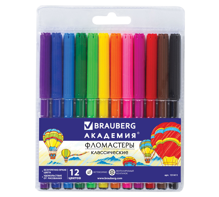 Фломастеры Brauberg «Академия» 12 цветов, смываемые