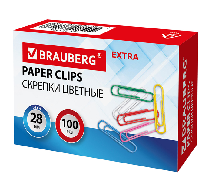 Скрепки Brauberg «Extra» цветные, 28мм, 100шт