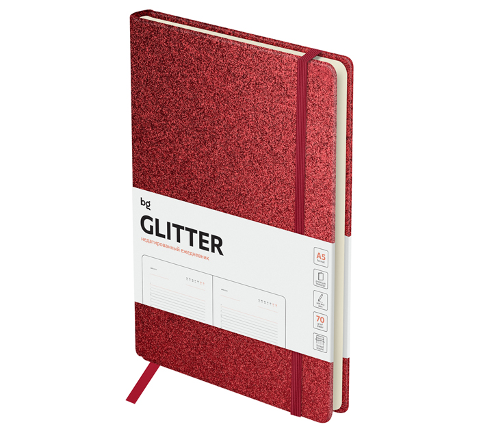 Ежедневник недатированный БиДжи «Glitter. Red» А5, красный, картон, на резинке, карман, 272стр