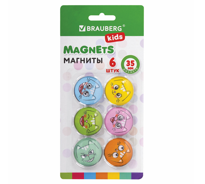 Кнопки магнитные для доски Brauberg kids «3D-Коты» стеклянные, ассорти, 35мм, 6шт