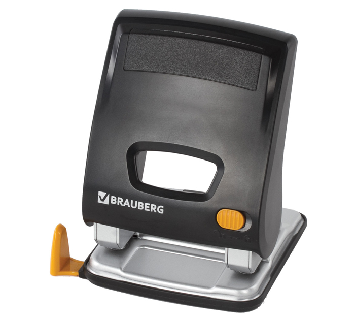 Дырокол Brauberg «Easy Press» на 30л, металлический черный, с линейкой, энергосберегающий