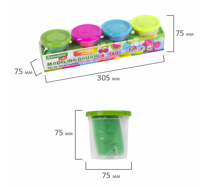 Тесто для лепки Brauberg Kids 4неоновых цвета, 560г