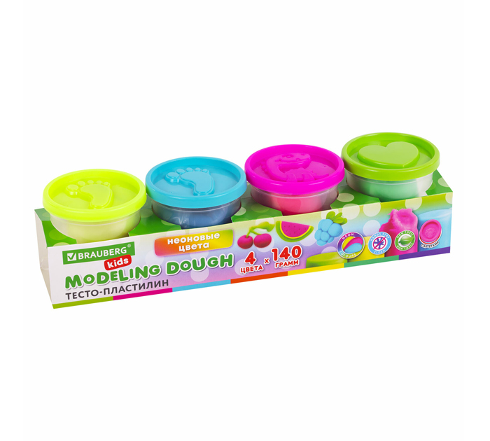 Тесто для лепки Brauberg Kids 4неоновых цвета, 560г