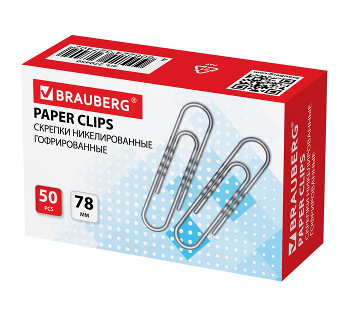 Скрепки Brauberg никелированные, гофрированные, 78мм, 50шт