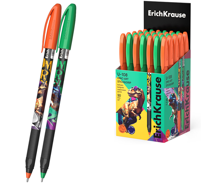 Ручка шариковая Erich Krause «U-109 Stick&Grip Dino Art Ultra Glide Technology» синий стержень, узел 1.0мм, линия письма 0.3мм