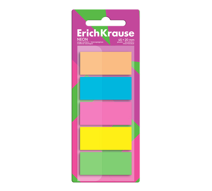 Закладки клейкие Erich Krause «Neon» пластиковые, 45х20мм, 5 цветов, 100л