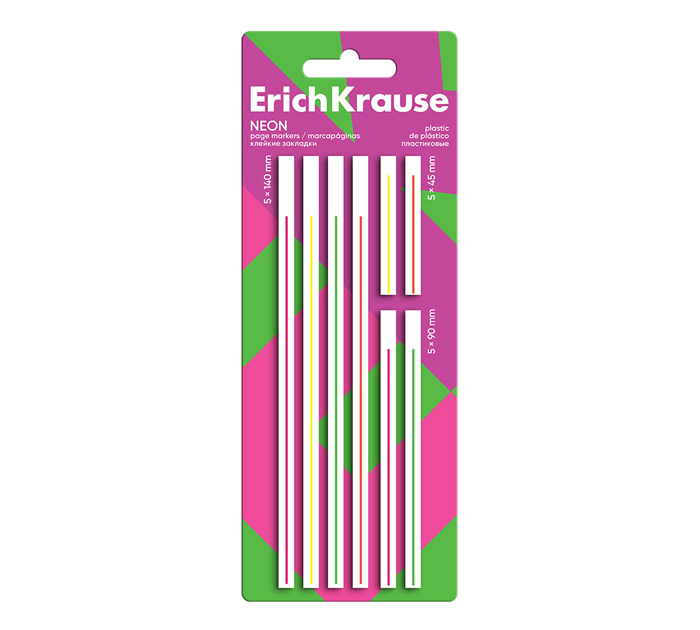 Закладки клейкие Erich Krause «Neon» пластиковые, 5х140мм, 5х45мм, 5х90мм, 4 цвета, 160л