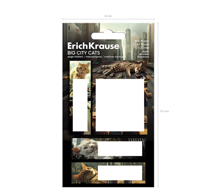 Закладки клейкие Erich Krause «Big City Cats» бумажные, 70х52мм, 20х70мм, 70х20мм, 80л