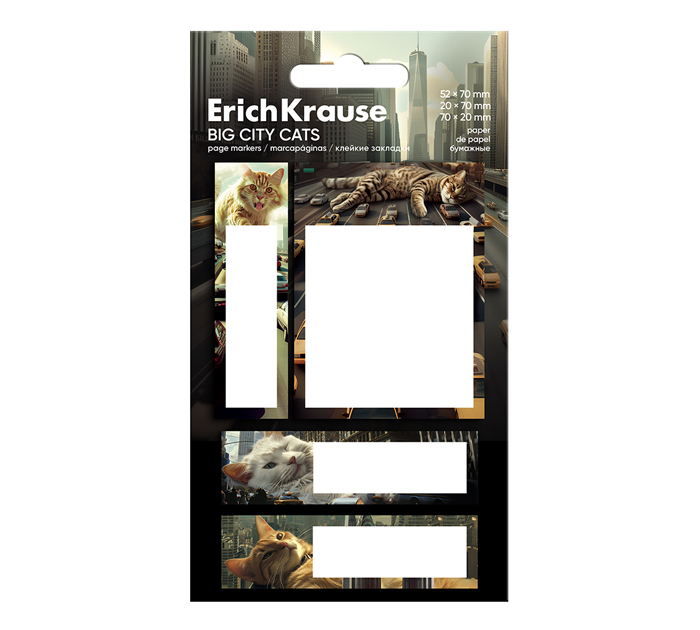 Закладки клейкие Erich Krause «Big City Cats» бумажные, 70х52мм, 20х70мм, 70х20мм, 80л