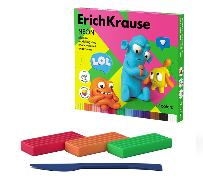 Пластилин Erich Krause «Jolly Friends Neon» 12 цветов, со стеком, 216г