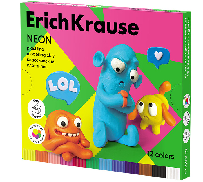 Пластилин Erich Krause «Jolly Friends Neon» 12 цветов, со стеком, 216г