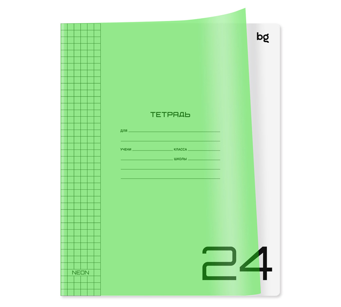 Тетрадь А5 24л клетка, пластиковая обложка, салатовая, BG «UniTone. Neon»