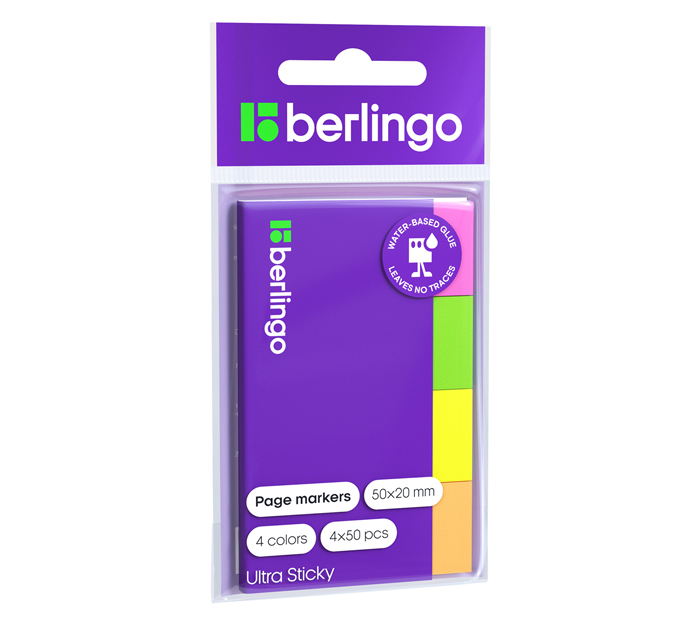 Закладки клейкие Berlingo «Ultra Sticky» бумажные, 50х20мм, 4 неоновых цвета, 200л
