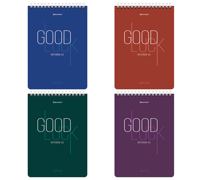 Блокнот А5 на спирали Brauberg «Good Luck» 80л, клетка, твердая подложка