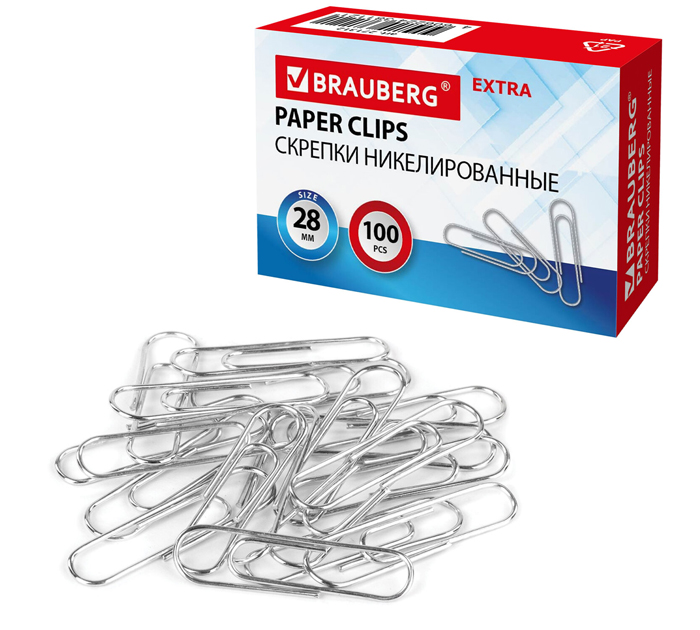 Скрепки Brauberg «Extra» никелированные, 28мм, 100шт