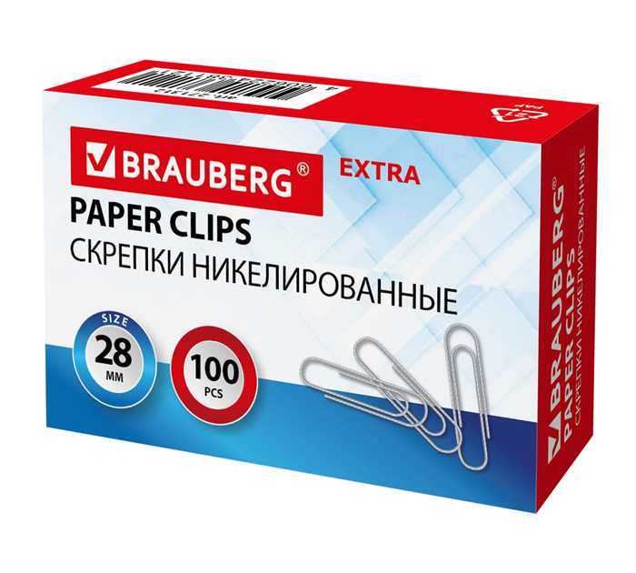 Скрепки Brauberg «Extra» никелированные, 28мм, 100шт