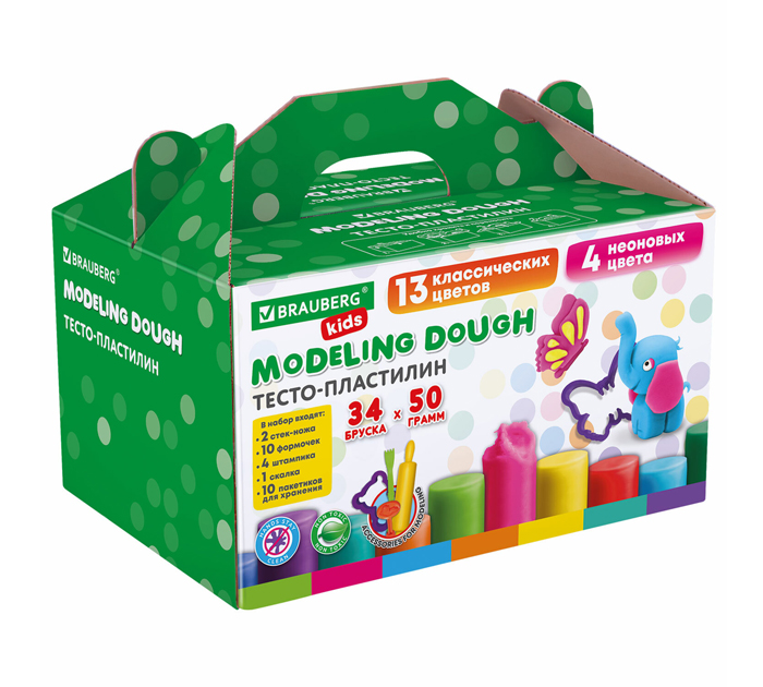 Тесто для лепки Brauberg Kids 17цветов, 34шт, 1700г