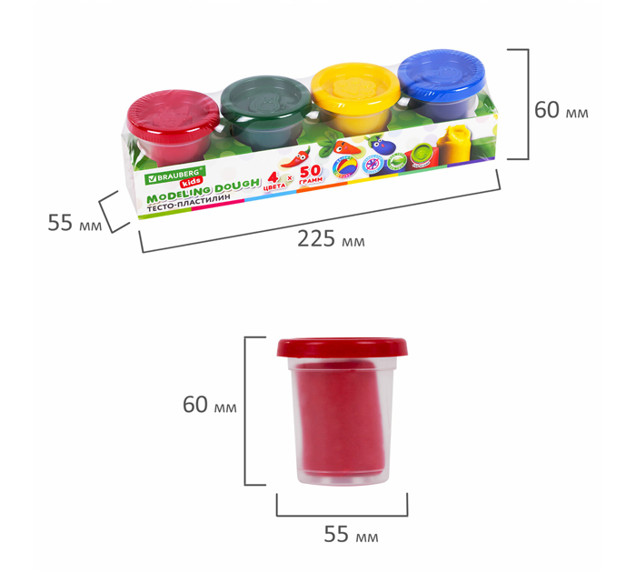 Тесто для лепки Brauberg Kids 4цвета, 200г