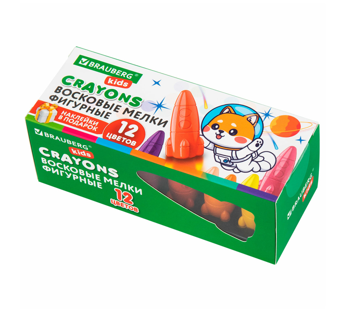 Мелки восковые Brauberg Kids «Ракета» 12 цветов, с наклейками