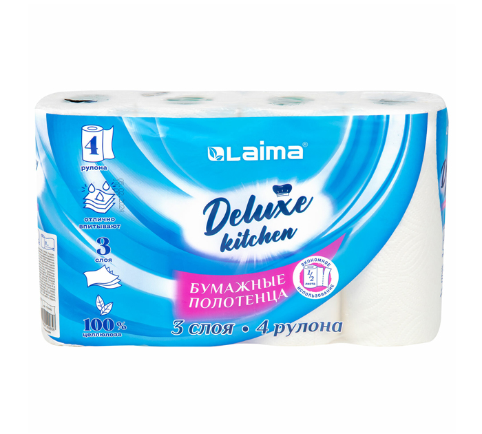 Полотенце бумажное Laima «Deluxe» 3-х слойное, 4 рулона, 11м, 100% целлюлоза