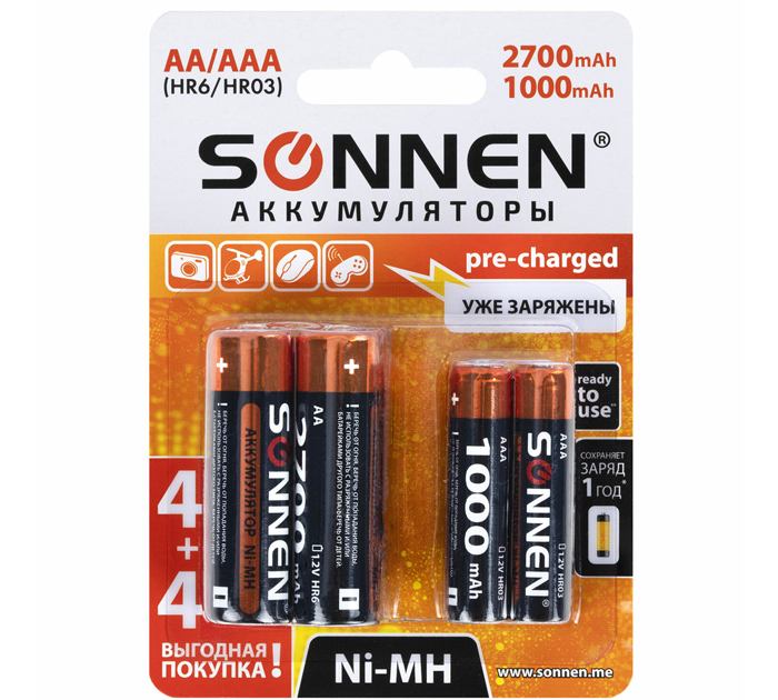 Батарейки аккумуляторные Sonnen АА+ААА, 2700/1000mAh, 8шт