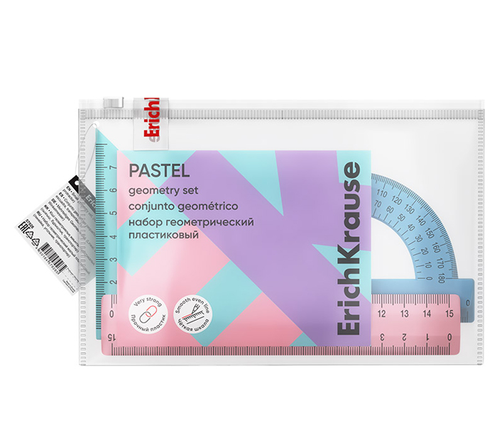 Набор геометрический Erich Krause «Pastel» 3 предмета (треугольник + линейка 15см + транспортир)