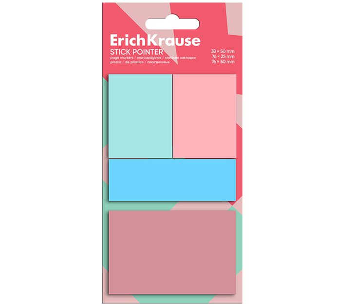 Закладки клейкие Erich Krause «Stick Pointer» пластиковые, 38х50мм, 76х25мм, 76х50мм, 4 цвета, 80л