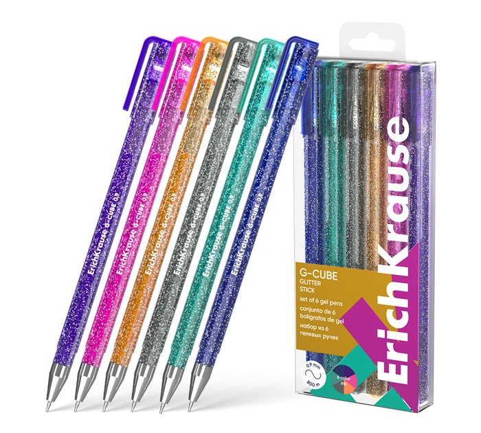Набор гелевых ручек Erich Krause «G-Cube Stick Glitter» 6 цветов, узел 1.0мм, линия письма 0.9мм