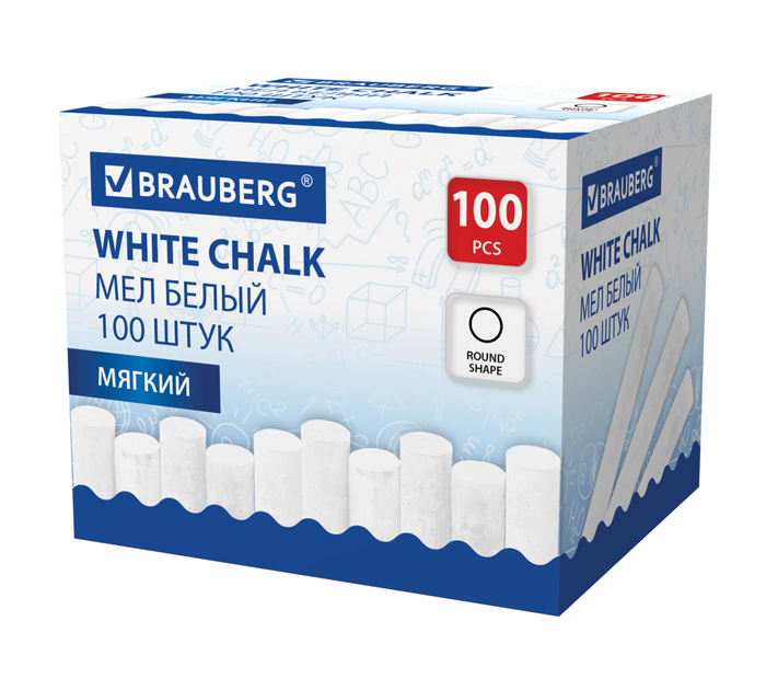 Мелки белые Brauberg мягкие, круглые, 100шт