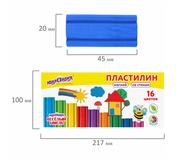 Пластилин Юнландия «Веселый шмель» мягкий, 16 цветов, со стеком, 240г