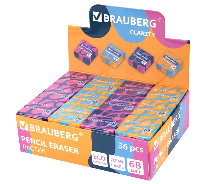 Ластик Brauberg «Clarity» 34х34хх14мм, ассорти
