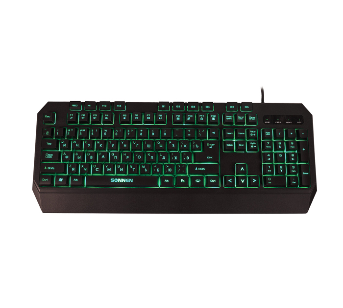 Клавиатура Sonnen «KB-7700» проводная USB, 104 клавиши + 10 программируемых клавиш, LED-подсветка, черная