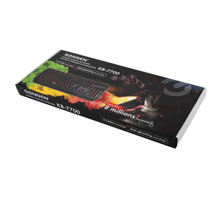 Клавиатура Sonnen «KB-7700» проводная USB, 104 клавиши + 10 программируемых клавиш, LED-подсветка, черная