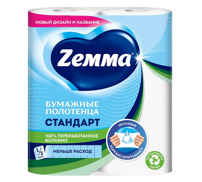 Полотенце бум. 2-слойн. 2рул. 14м бел. Zemma «Стандарт»
